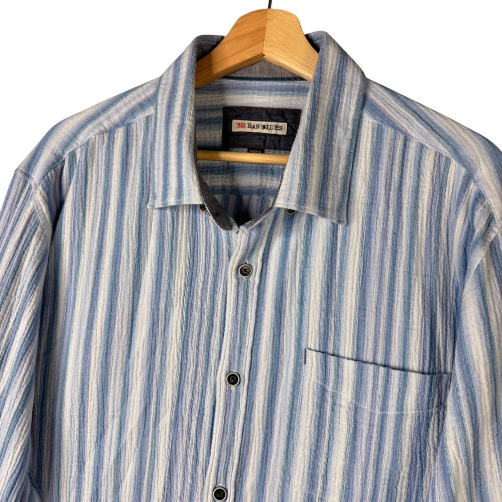 32 Bar Blues Mens XL Blue White Striped Cotton Gauze Long Sleeve Button Down